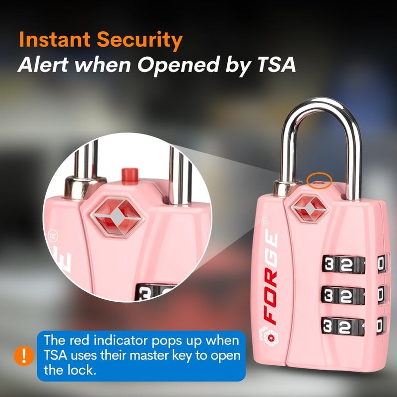 Forge Luggage Locks TSA Approved Luggage Locks, Small TSA Locks with Zinc Alloy Body, Open Alert, Easy Read Dials, for Travel Suitcase, Bag, Backpack, Cases, Lockers. Pink 2 Locks. - Image 3